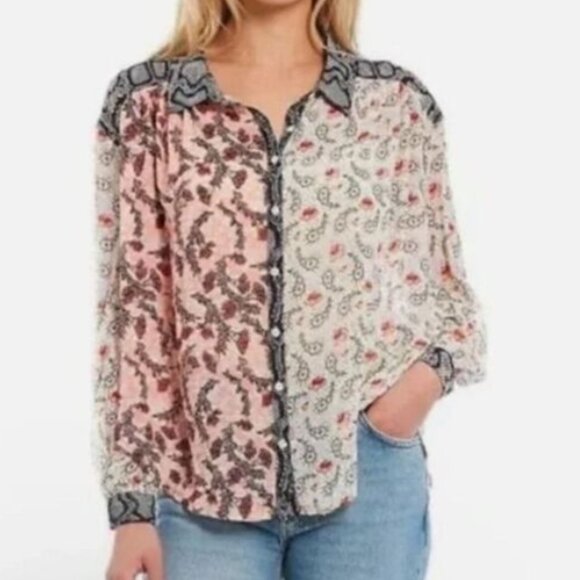 Free People Dani Sheer Floral Paisle Animal Patchwork Button Up Blouse - Picture 1 of 8